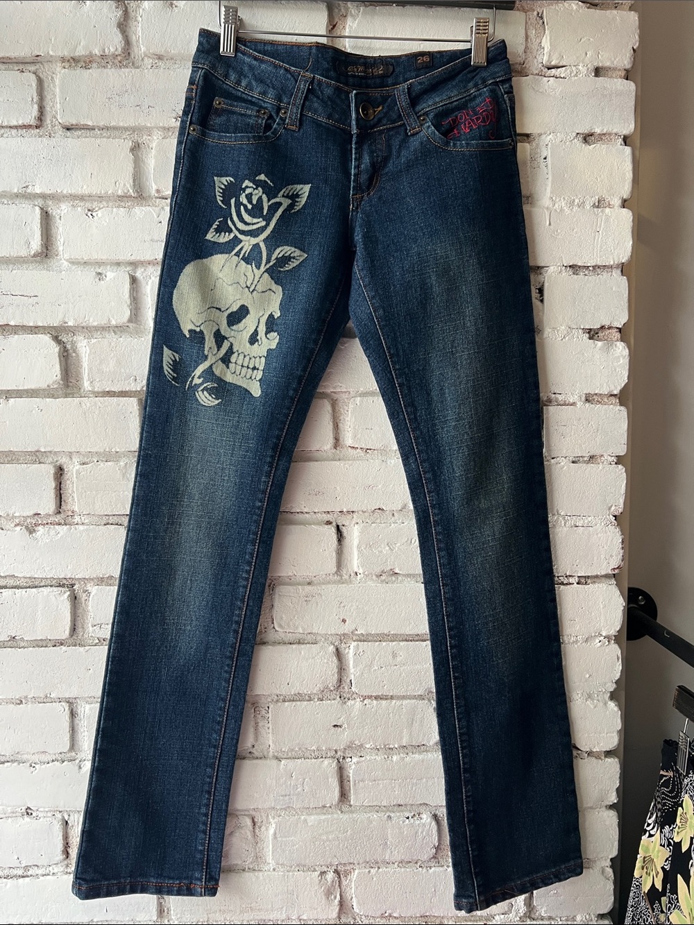 Ed Hardy Dark Blue Skinny Jeans with Skull & Rose Artwork